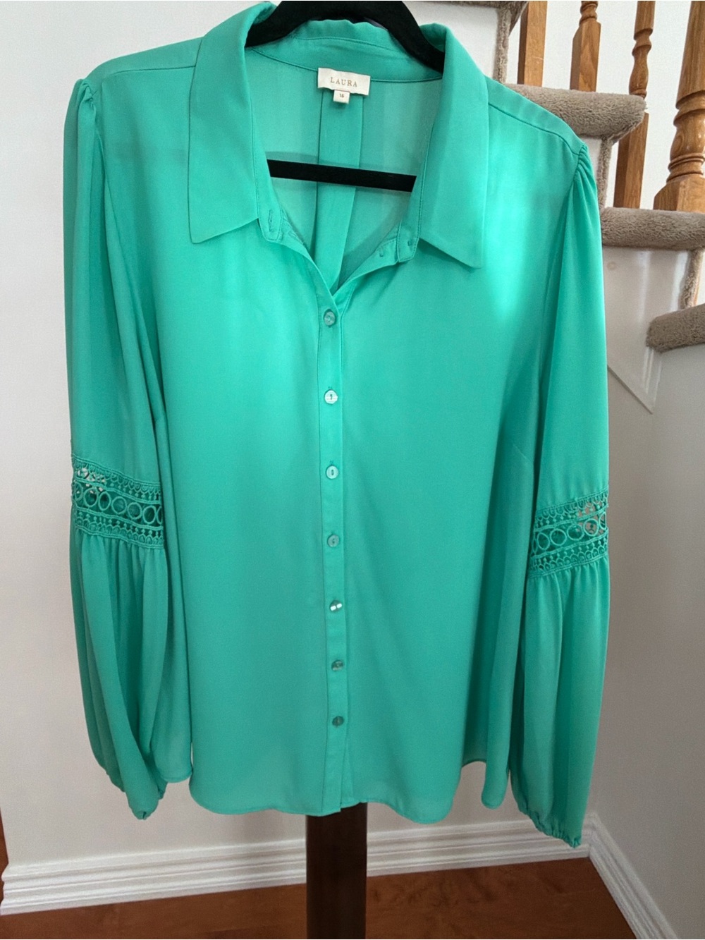 Laura Green Button-Up Shirt with Lace Detail